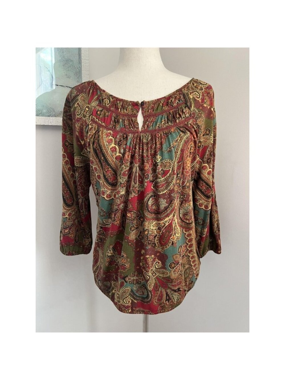 Lauren Ralph Lauren Top Womens Medium Multicolor Paisley 3/4 Sleeve Boho Tunic